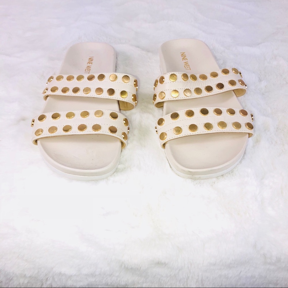 Nine West Elise Flat Ivory & Gold Studded Sandals